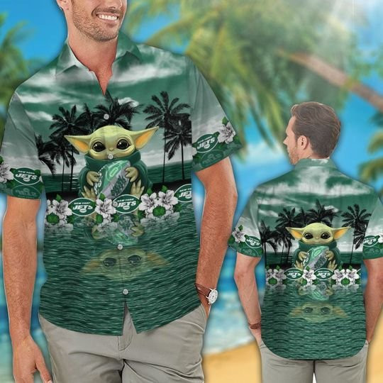 New York Jets Baby Yoda Hawaiian Shirt Tropical Aloha Button Up