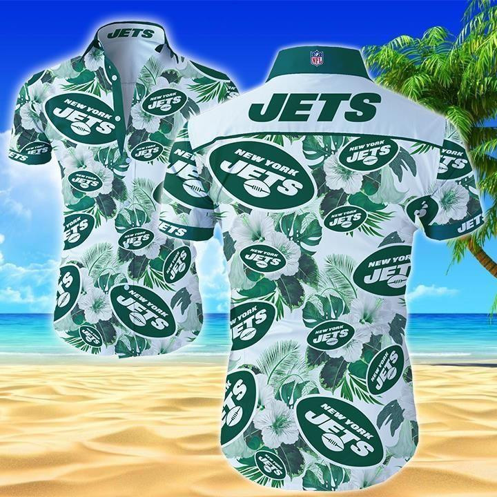 New York Jets Flower Floral Hawaiian Shirt Tropical Aloha Button Up