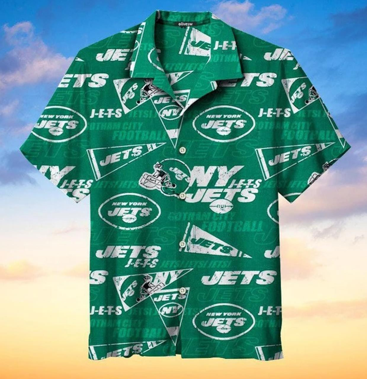 New York Jets Helmet And Logo Hawaiian Shirt Tropical Aloha Button Up