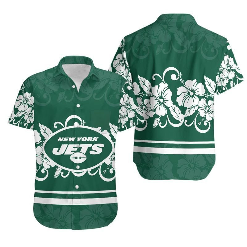 New York Jets Hibiscus Flowers Hawaiian Shirt Tropical Aloha Button Up