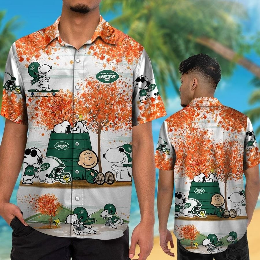 New York Jets Snoopy Autumn Hawaiian Shirt Tropical Aloha Button Up