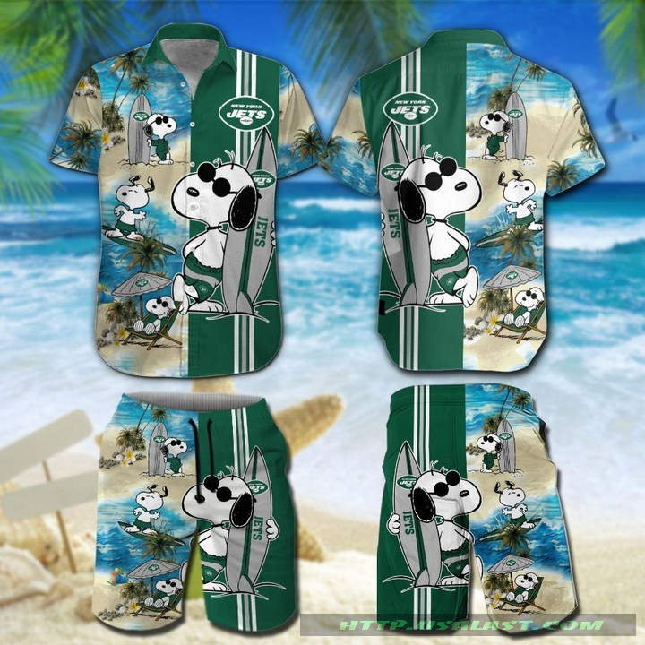 New York Jets Snoopy Surfing Hawaiian Shirt Tropical Aloha Button Up