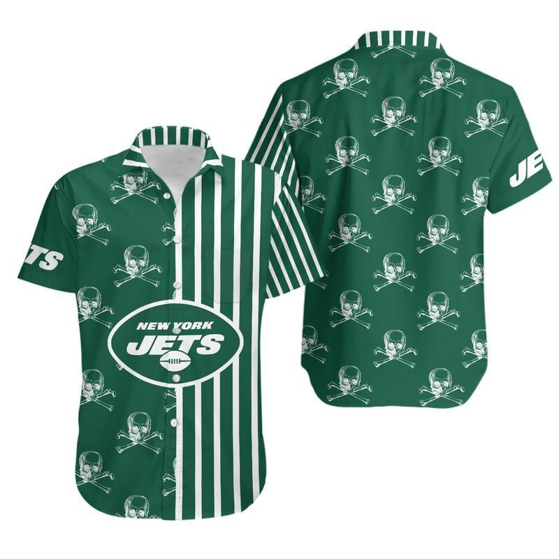 New York Jets Stripes And Skull Hawaiian Shirt Tropical Aloha Button Up