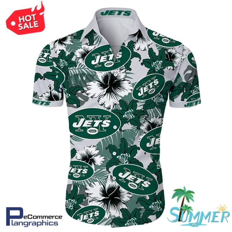New York Jets Tropical Flower Hawaiian Shirt Tropical Aloha Button Up