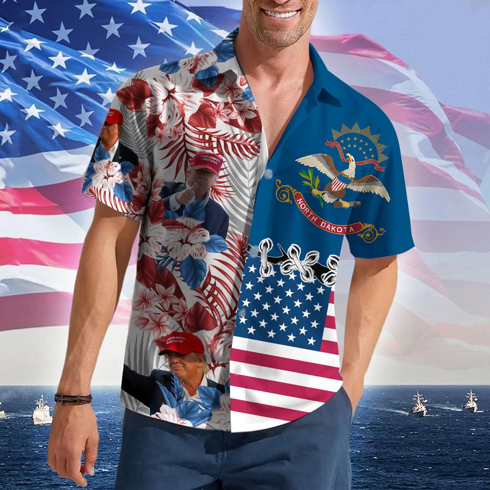North Dakota For Trump 2024 Hawaiian Shirt MAGA Vote Trump For President Mens Summer Button Ups