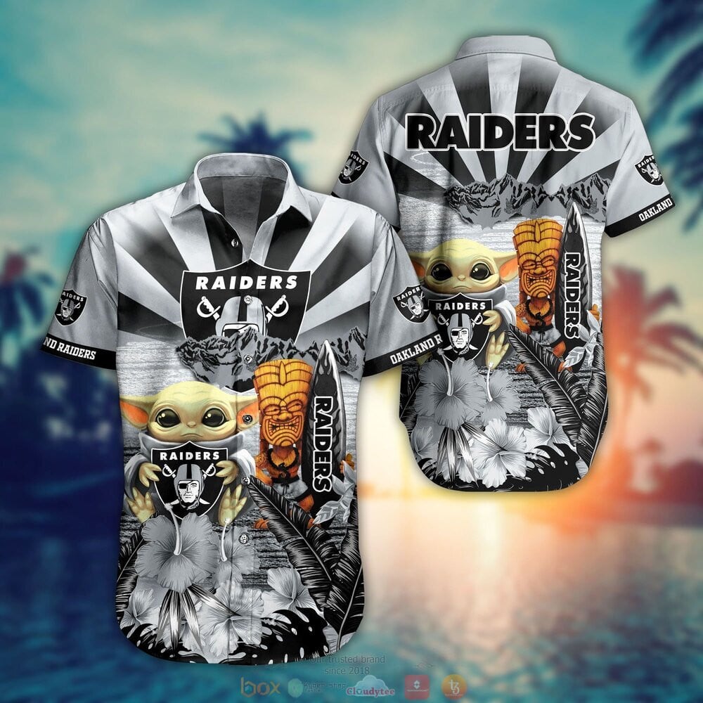 Oakland Raiders Baby Yoda Hawaiian Shirt Tropical Aloha Button Up