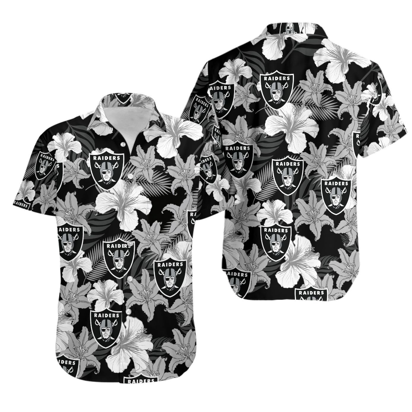 Oakland Raiders Flower Hawaiian Shirt Tropical Aloha Button Up