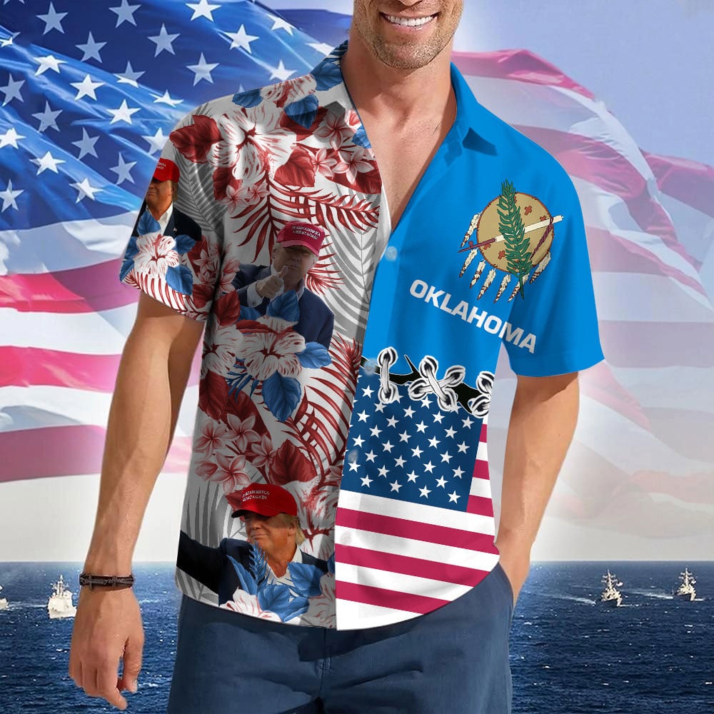 Oklahoma For Trump 2024 Hawaiian Shirt MAGA Merch Pro Trump Summer Button Shirts Gifts For Dad
