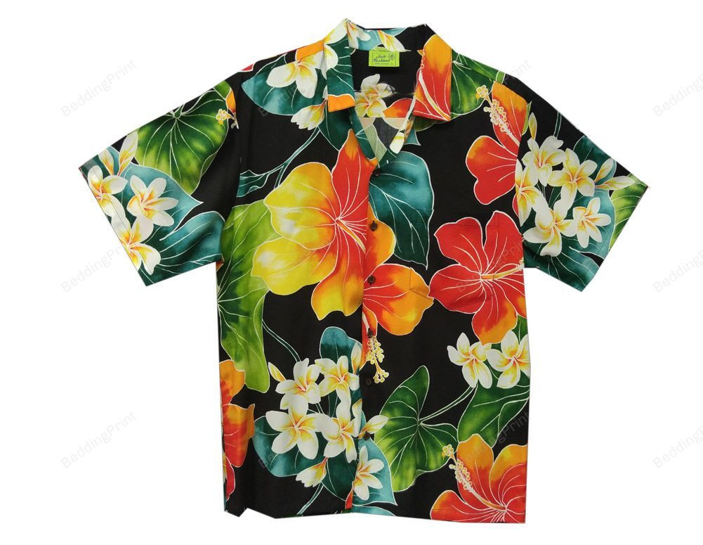Orange Floral Men Rayon Hawaiian Shirt Tropical Aloha Button Up