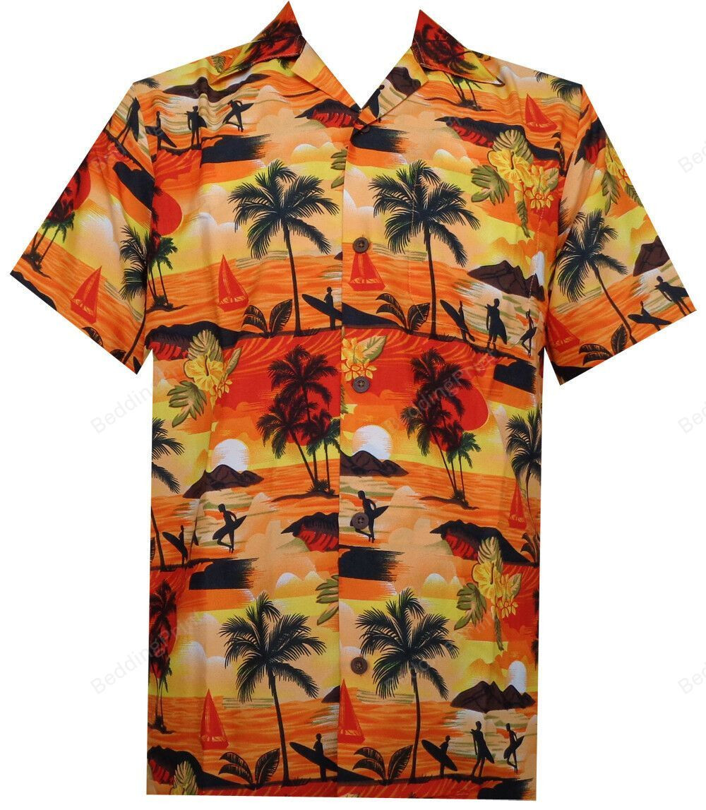Orange Hawaiian Shirt Tropical Aloha Button Up