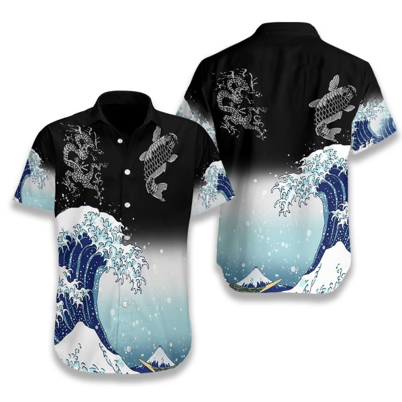 Oriental Fish Tsunami Hawaiian Shirt Tropical Aloha Button Up