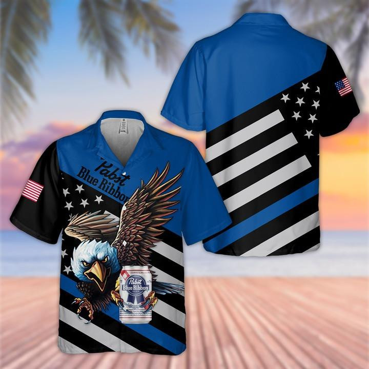 Pabst Blue Ribbon Eagle American Flag Hawaiian Shirt Tropical Aloha Button Up