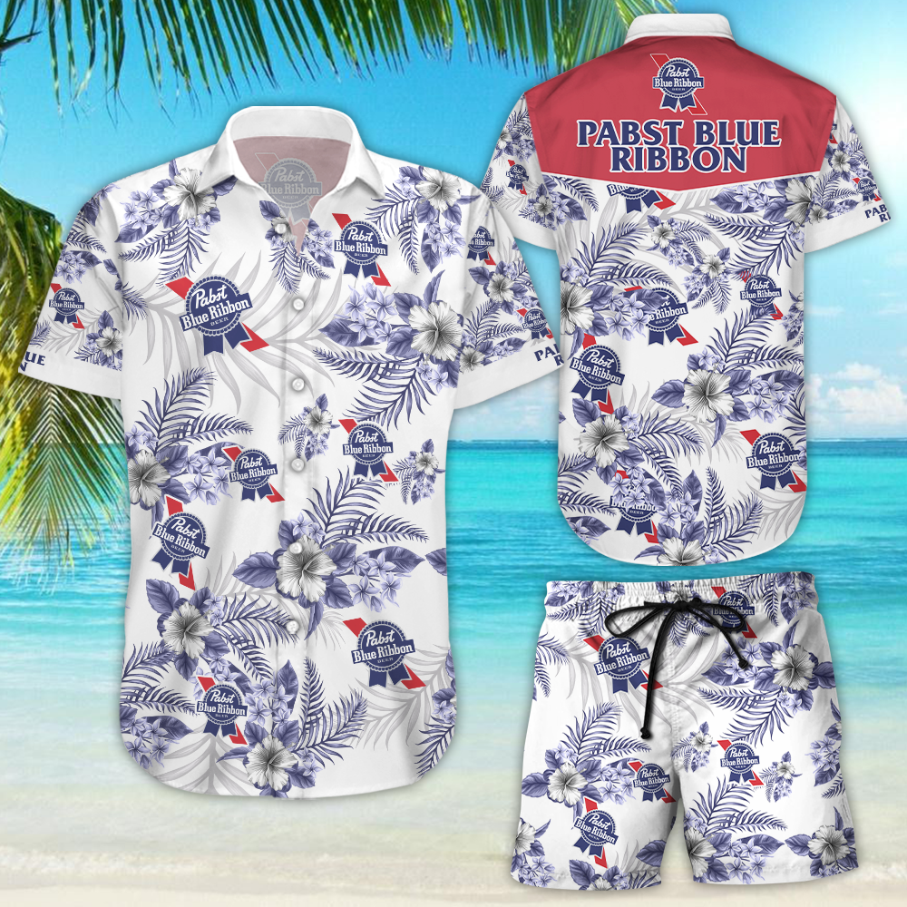 Pabst Blue Ribbon Hawaiian Shirt Tropical Aloha Button Up