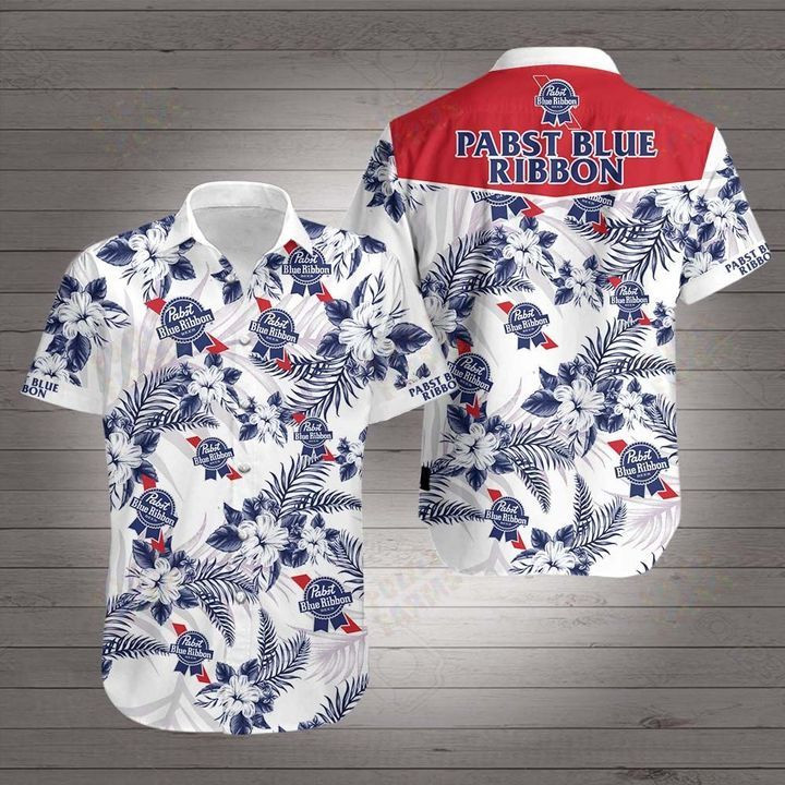 Pabst Blue Ribbon Hawaiian Shirt Tropical Aloha Button Up