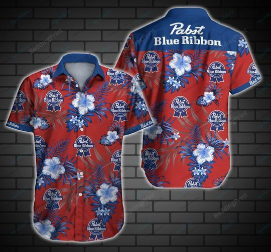Pabst Blue Ribbon Style Hawaiian Shirt Tropical Aloha Button Up