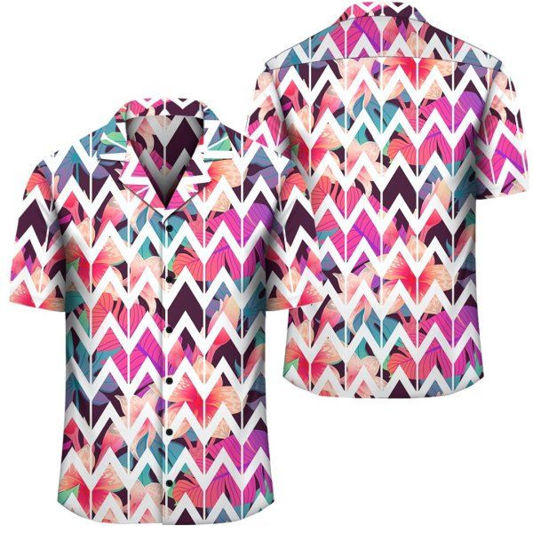 Palm Foliage On Striped Zigzag Hawaiian Shirt Tropical Aloha Button Up