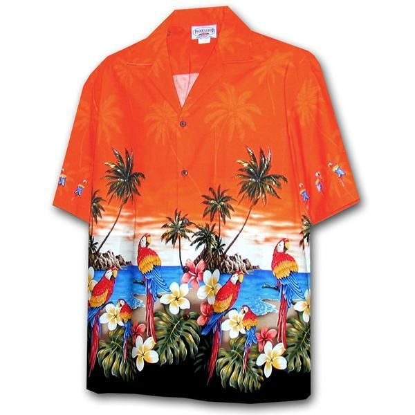 Parrot Island Orange Hawaiian Shirt Tropical Aloha Button Up