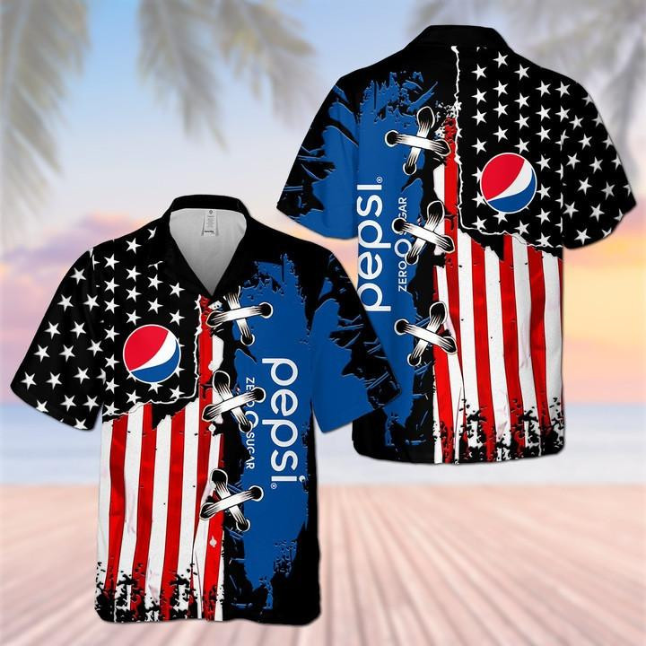 Pepsi American Flag Hawaiian Shirt Tropical Aloha Button Up