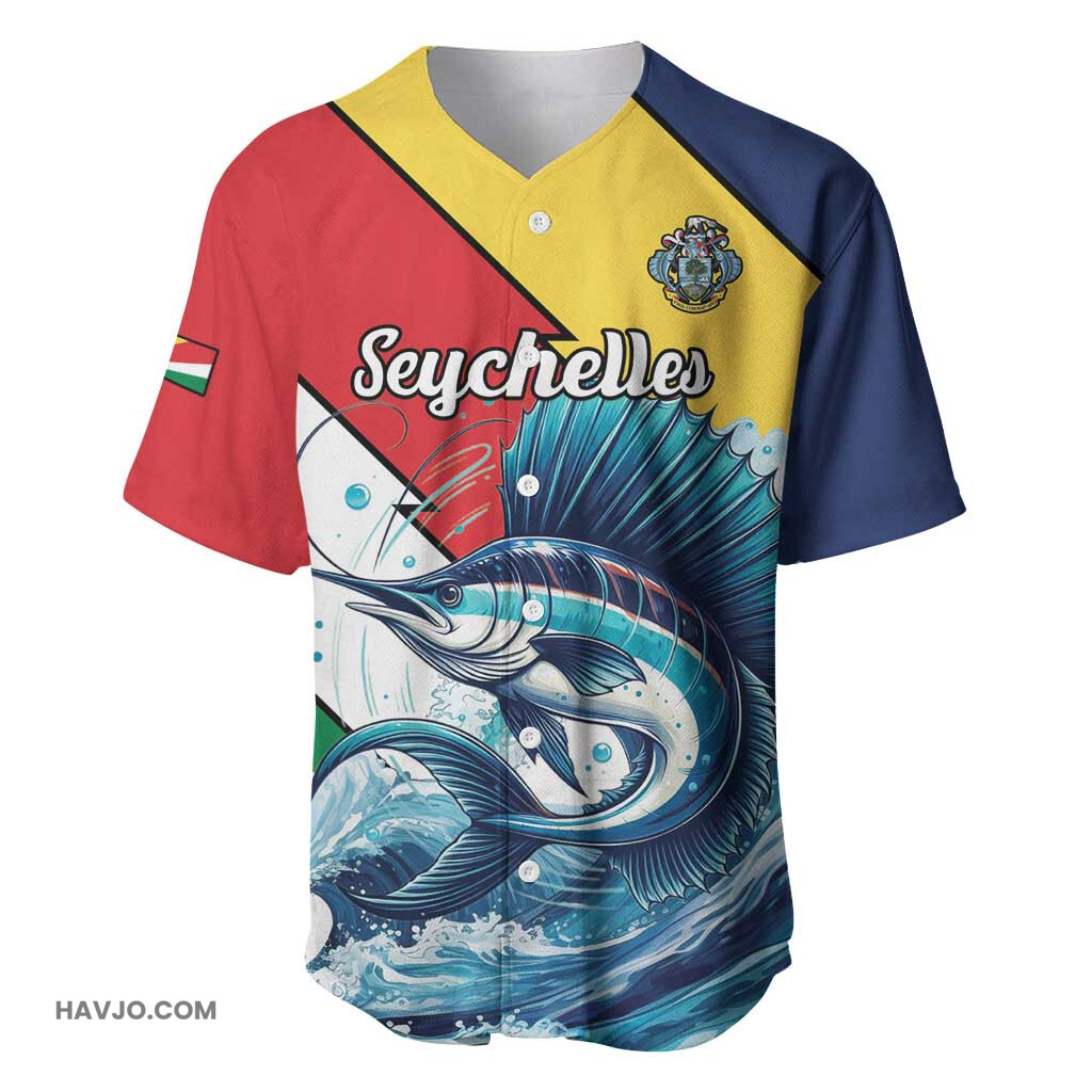 Personalised Afro Seychelles Sailfish With Coat Of Arms Baseball Jersey