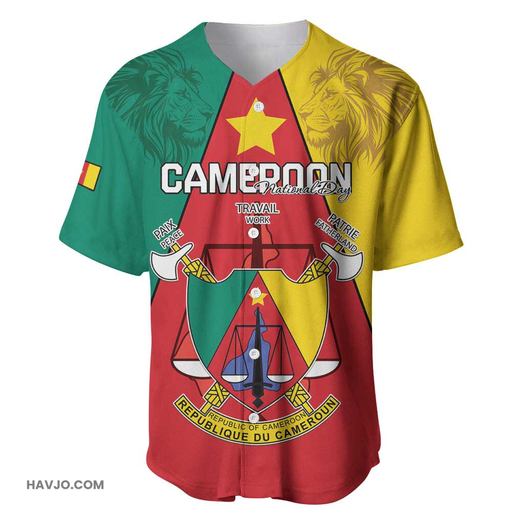 Personalised Cameroon National Day Lion Mix Coat Of Arms Style Baseball Jersey