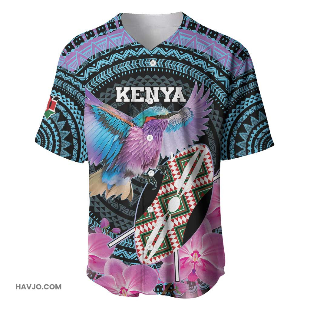 Personalised Kenya Lilac Breasted Roller Orchid Flower African Pattern Baseball Jersey