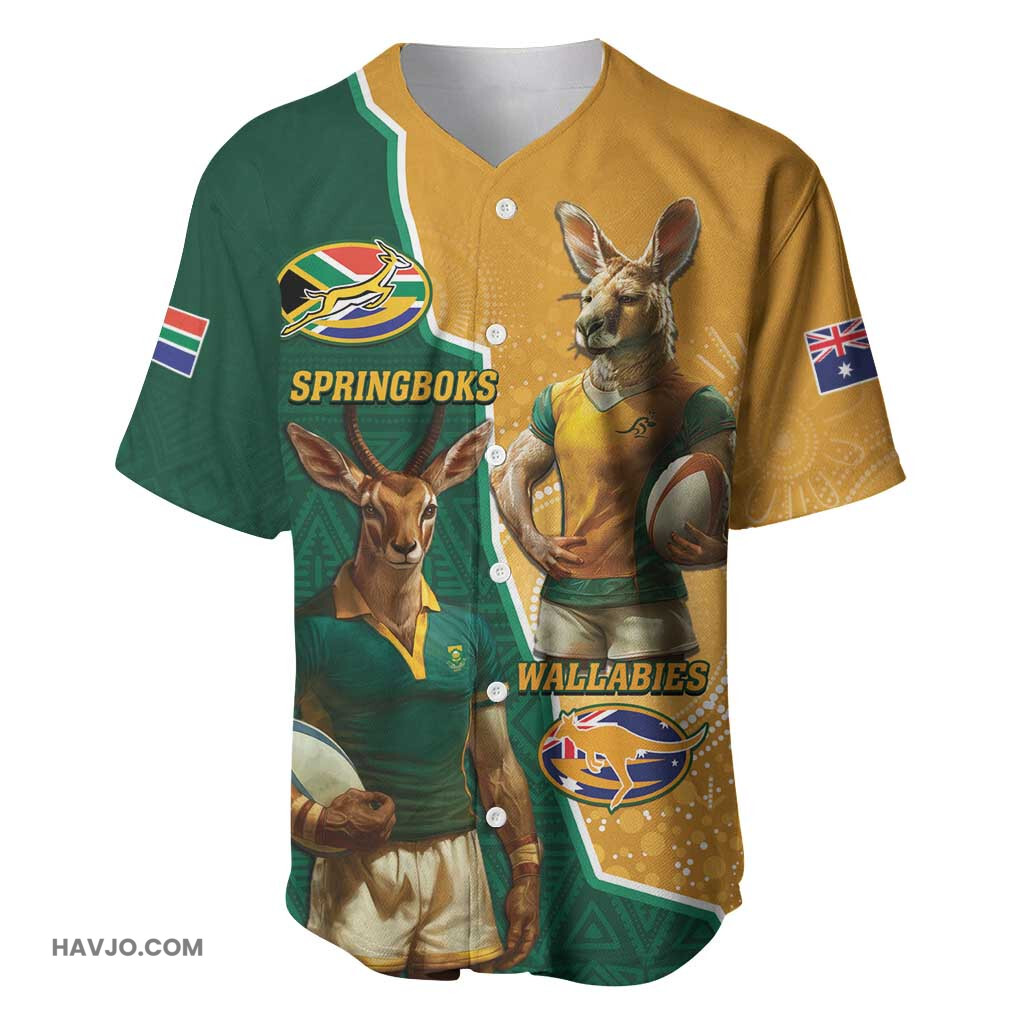 Personalised South Africa And Australia Rugby 2024 Springboks Wallabies Mascots Together Baseball Jersey
