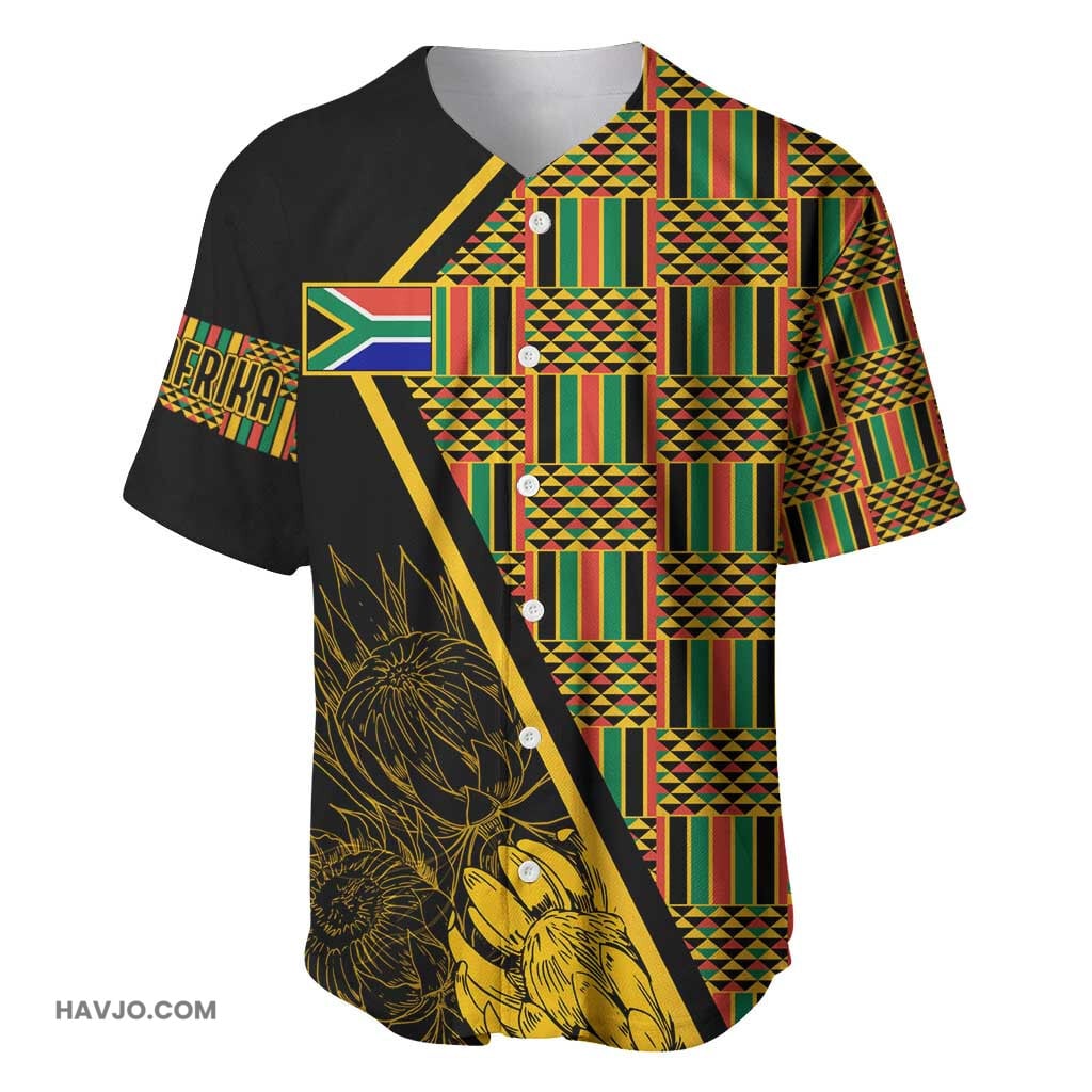 Personalised South African Heritage Day Kente Ethnic Patterns Mix Protea Baseball Jersey
