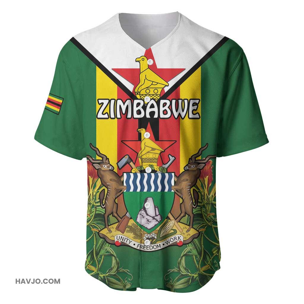 Personalised Zimbabwe Independence Day Coat Of Arms Fire Lilies Baseball Jersey