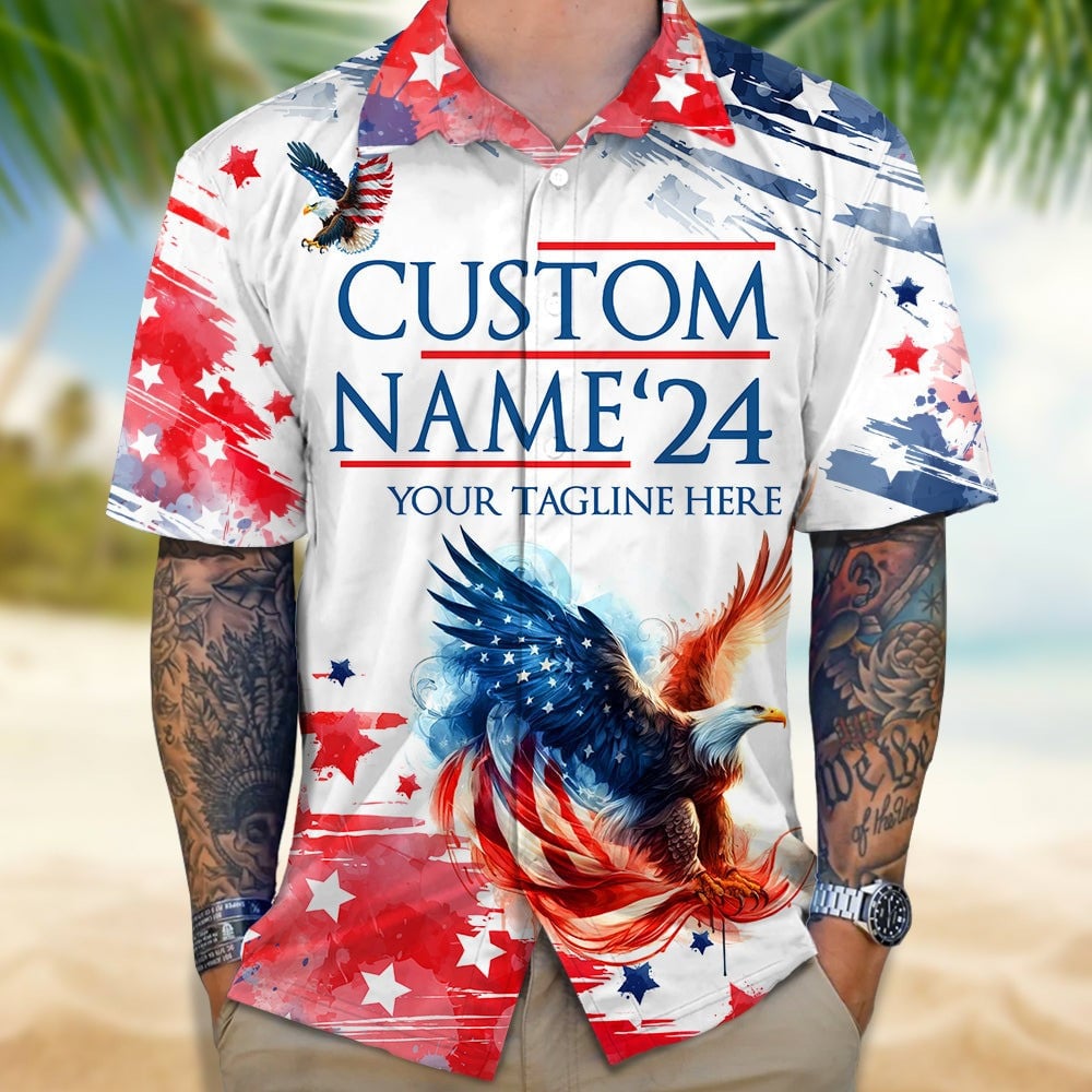 Personalized 2024 USA Eagle Hawaiian Shirt Patriotic Button Up Shirt Gifts For Dad