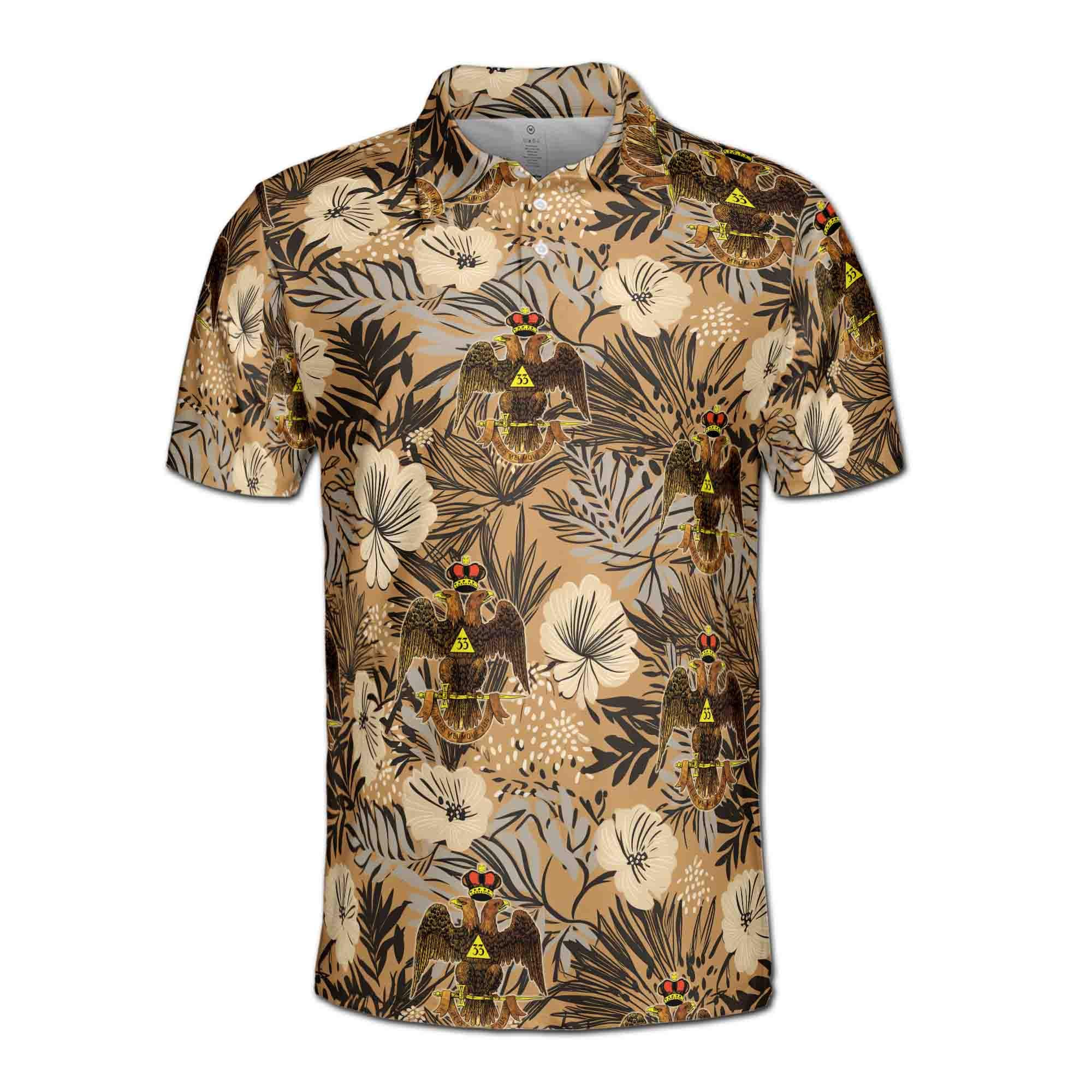 Alternative view of Personalized 33rd Degree Double-Headed Eagle Wings Down Emblem Men's Polo Shirt: Tropical Floral Print