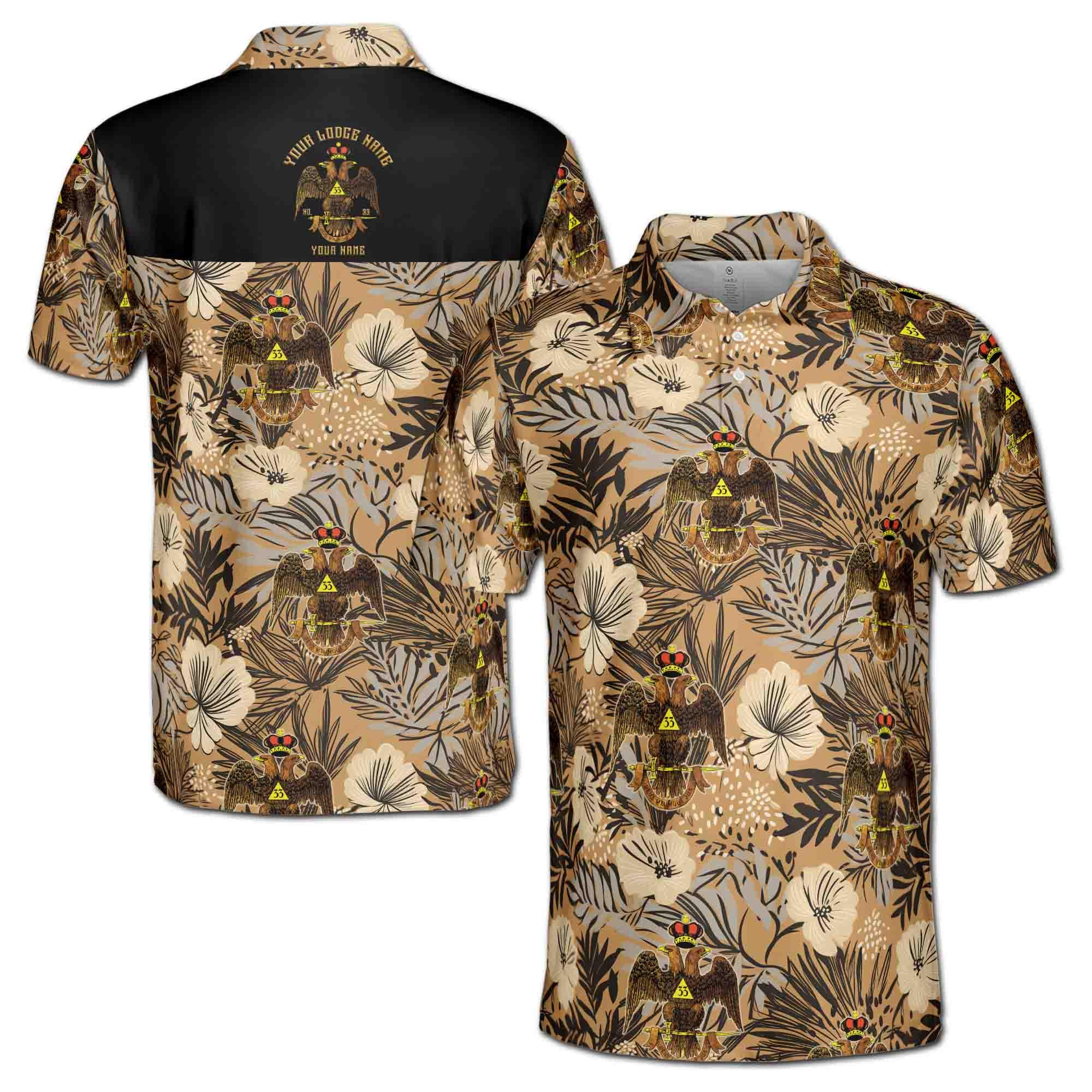 Personalized 33rd Degree Double-Headed Eagle Wings Down Emblem Men's Polo Shirt: Tropical Floral Print