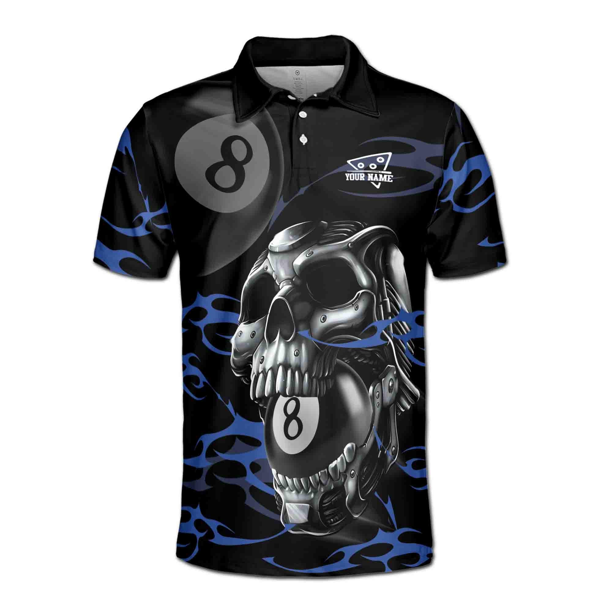Alternative view of Personalized 8-Balls Billiard Player Grunge Skull Men's Polo Shirt
