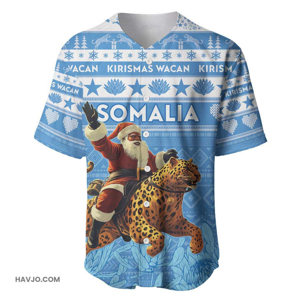 Personalized Afro Somalia Christmas Black Santa Riding Leopard African Pattern Baseball Jersey