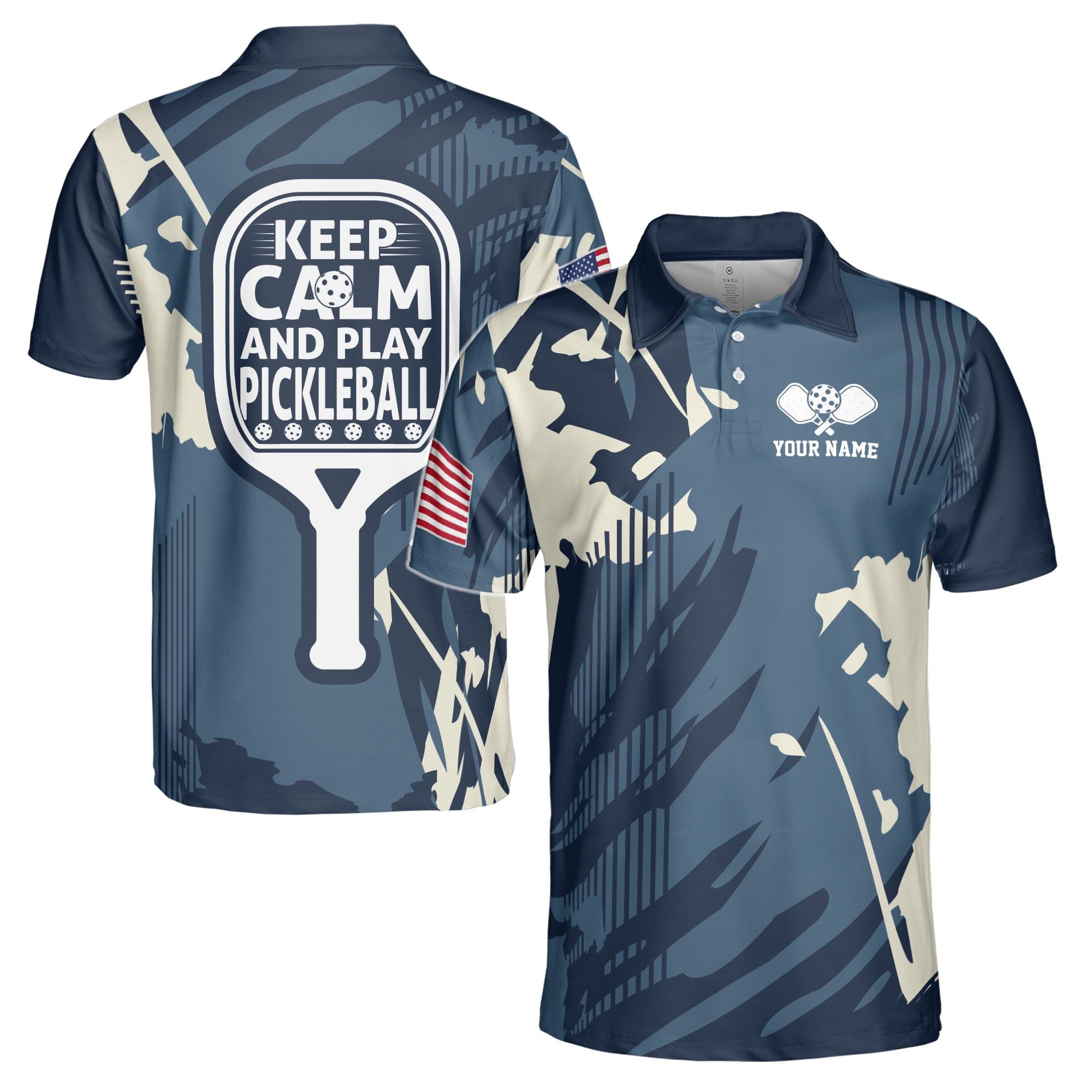 Personalized America Camo Blue Keep Calm And Play Pickleball Men's Polo Shirt