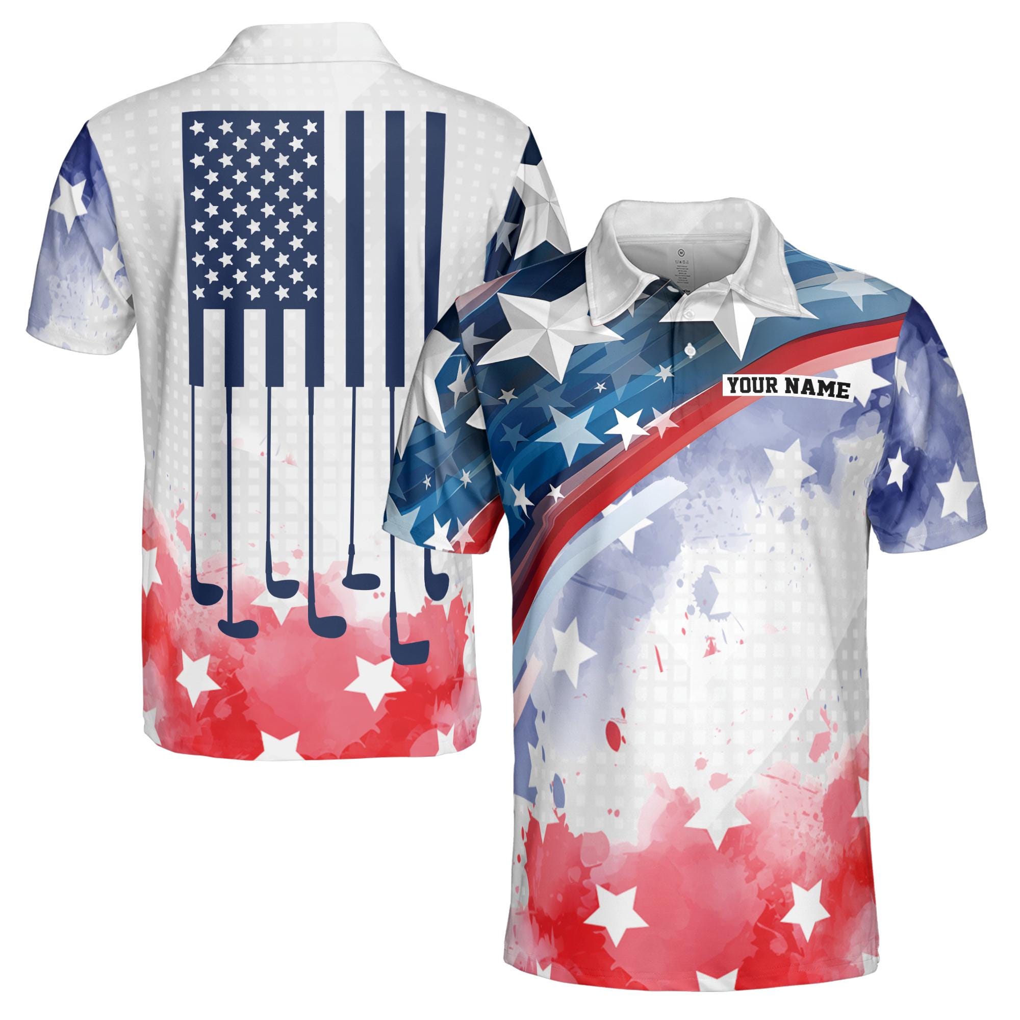 Personalized American Flag Watercolor Play Golf Men's Polo Shirt