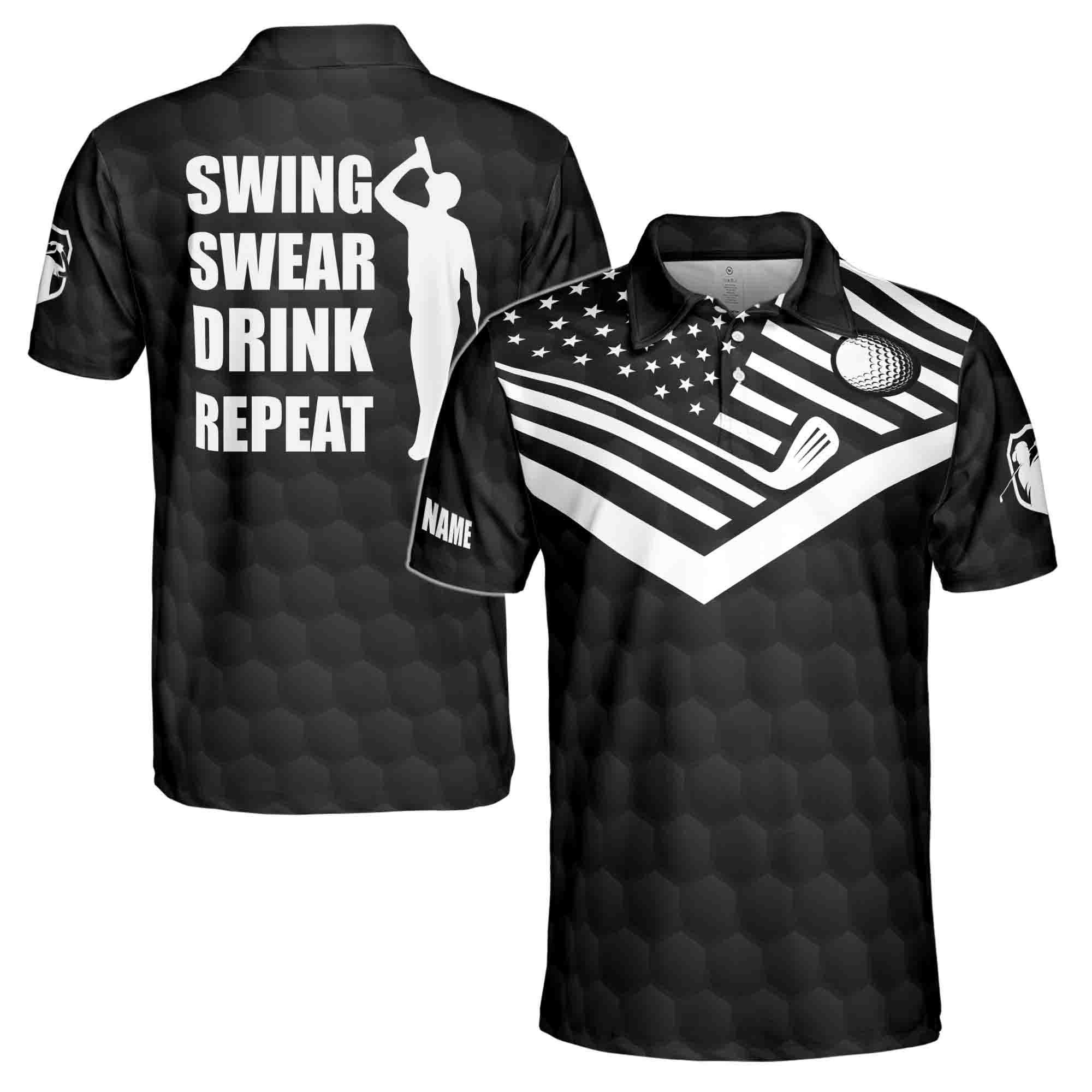 Personalized American Golf Swing Swear Drink Repeat Polo Shirt