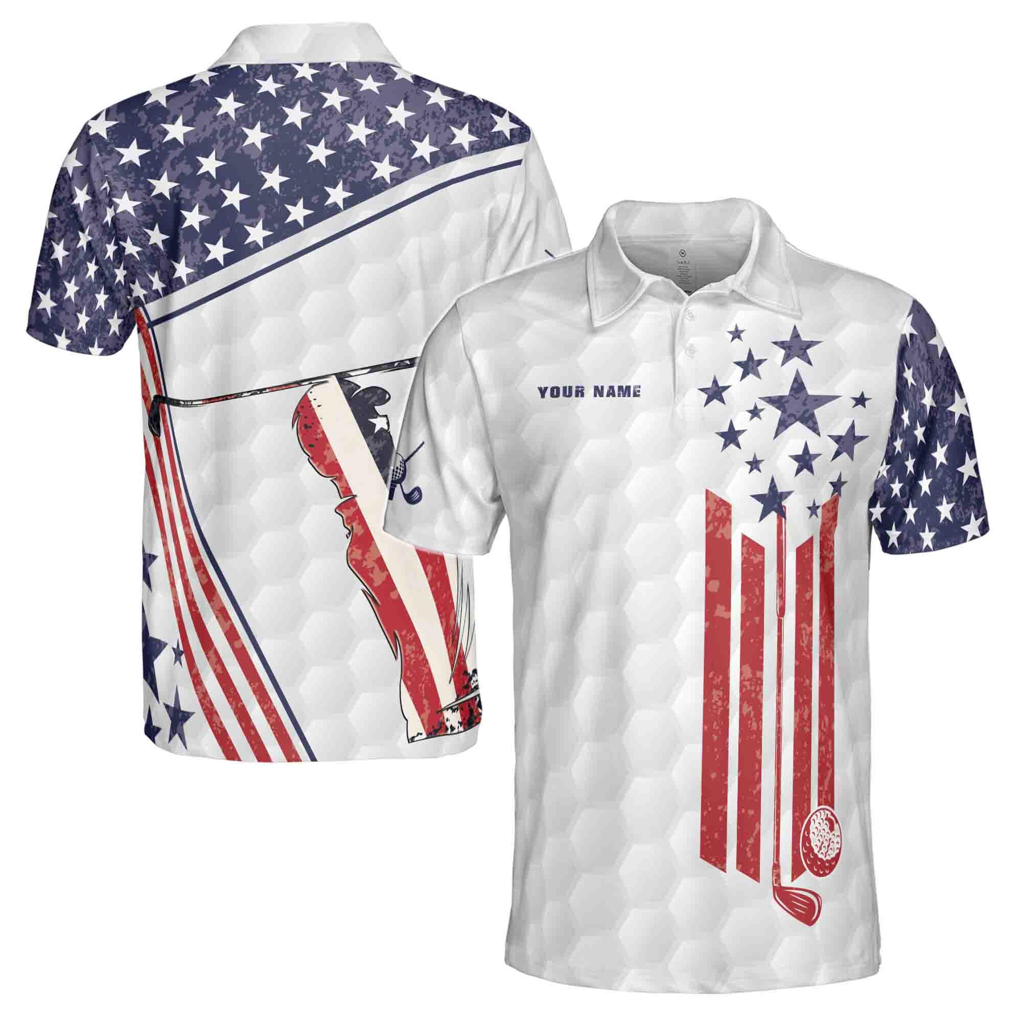 Personalized American Retro Flag Golfer Silhouette Men's Polo Shirt