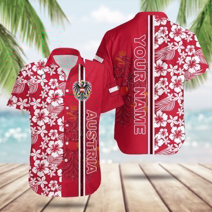 Personalized Austria Coat Of Arms Hibiscus Pattern Hawaiian Shirt Men's Gifts For Austrian