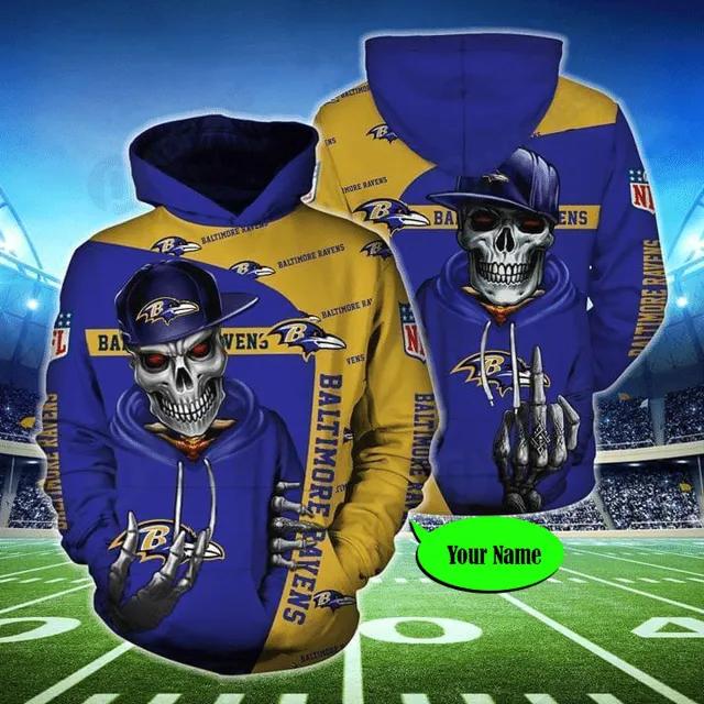 Personalized Baltimore Ravens Hiphop Skeleton NFL 3D All Over Print Hoodie