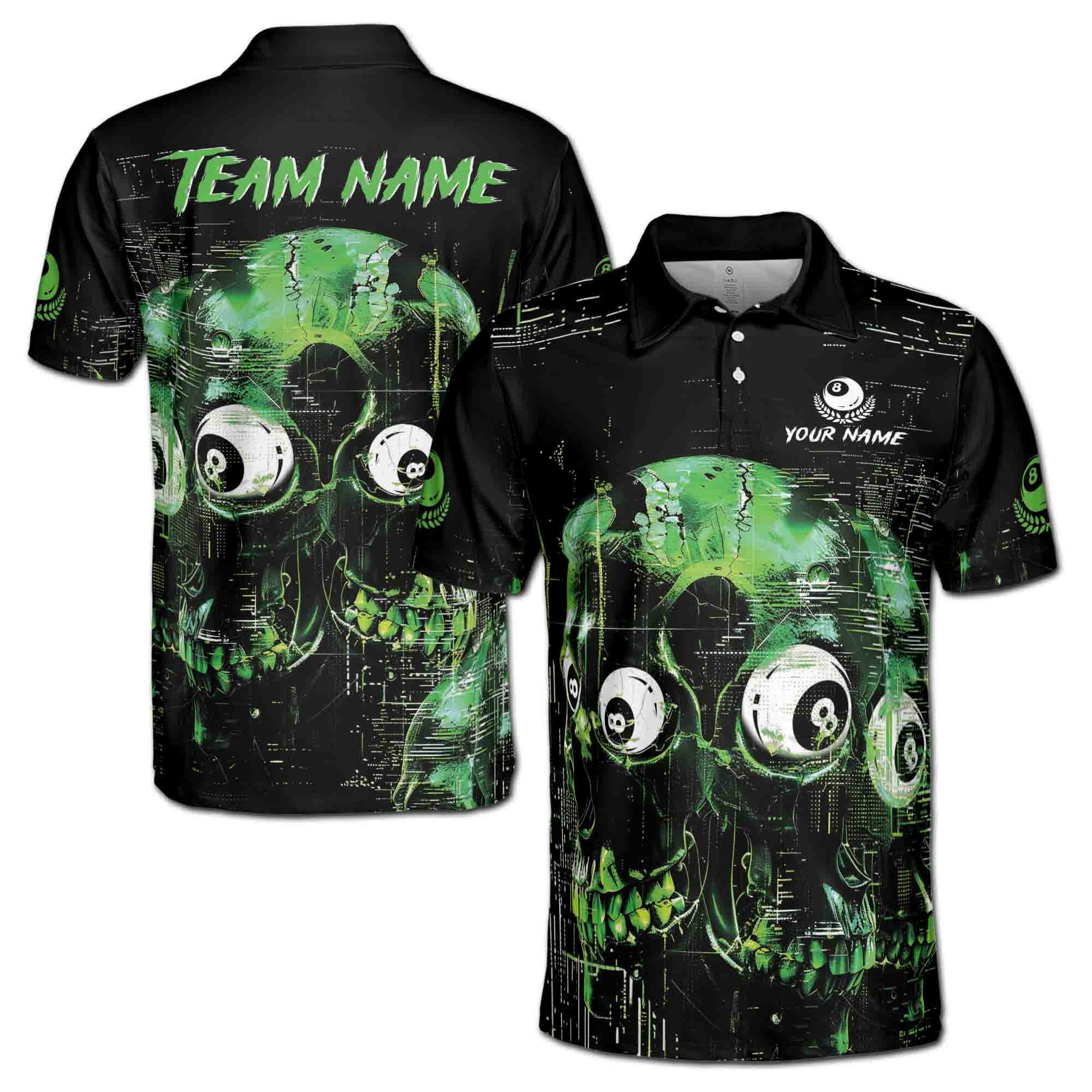 Personalized Billiard Men's Polo Shirt, Green Skull 9 Ball Design