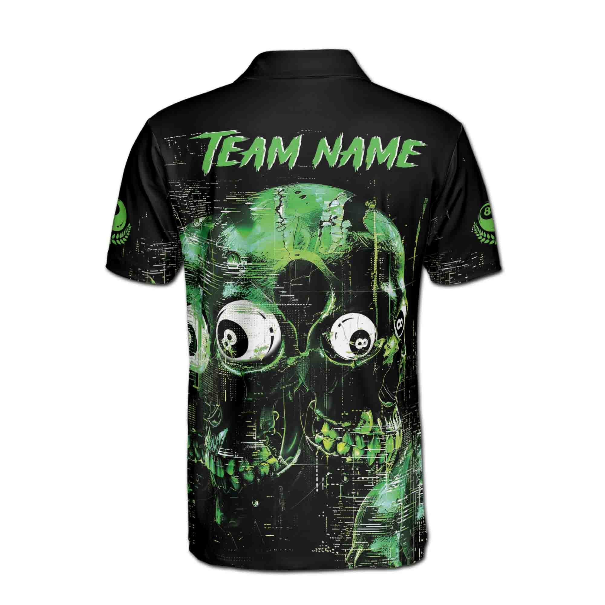 Alternative view of Personalized Billiard Men's Polo Shirt, Green Skull 9 Ball Design
