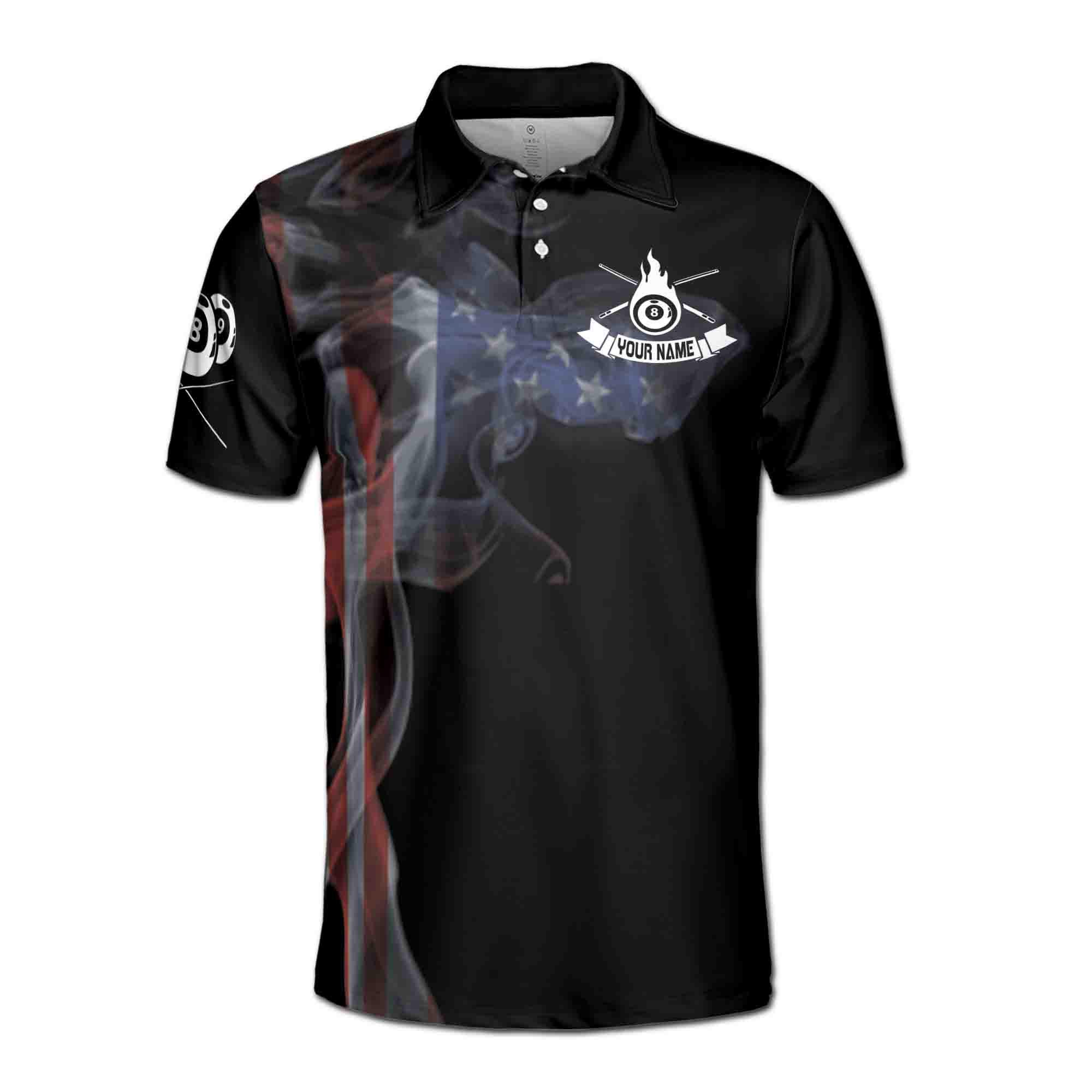 Alternative view of Personalized Billiard Team 3D Men's Polo Shirt, Vintage Smoke US Flag