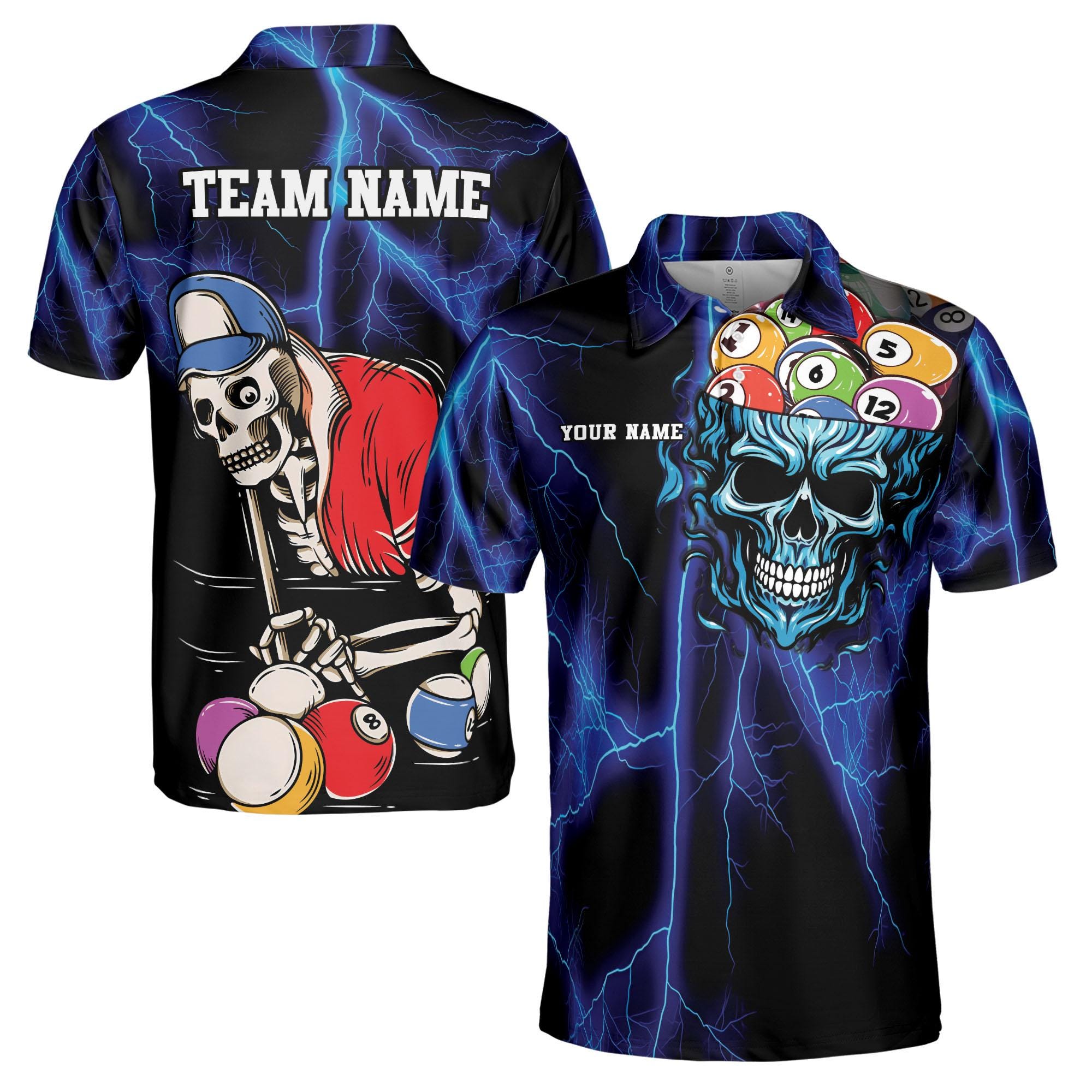 Personalized Blue Lightning Skull Love Billiard Men's Polo Shirt