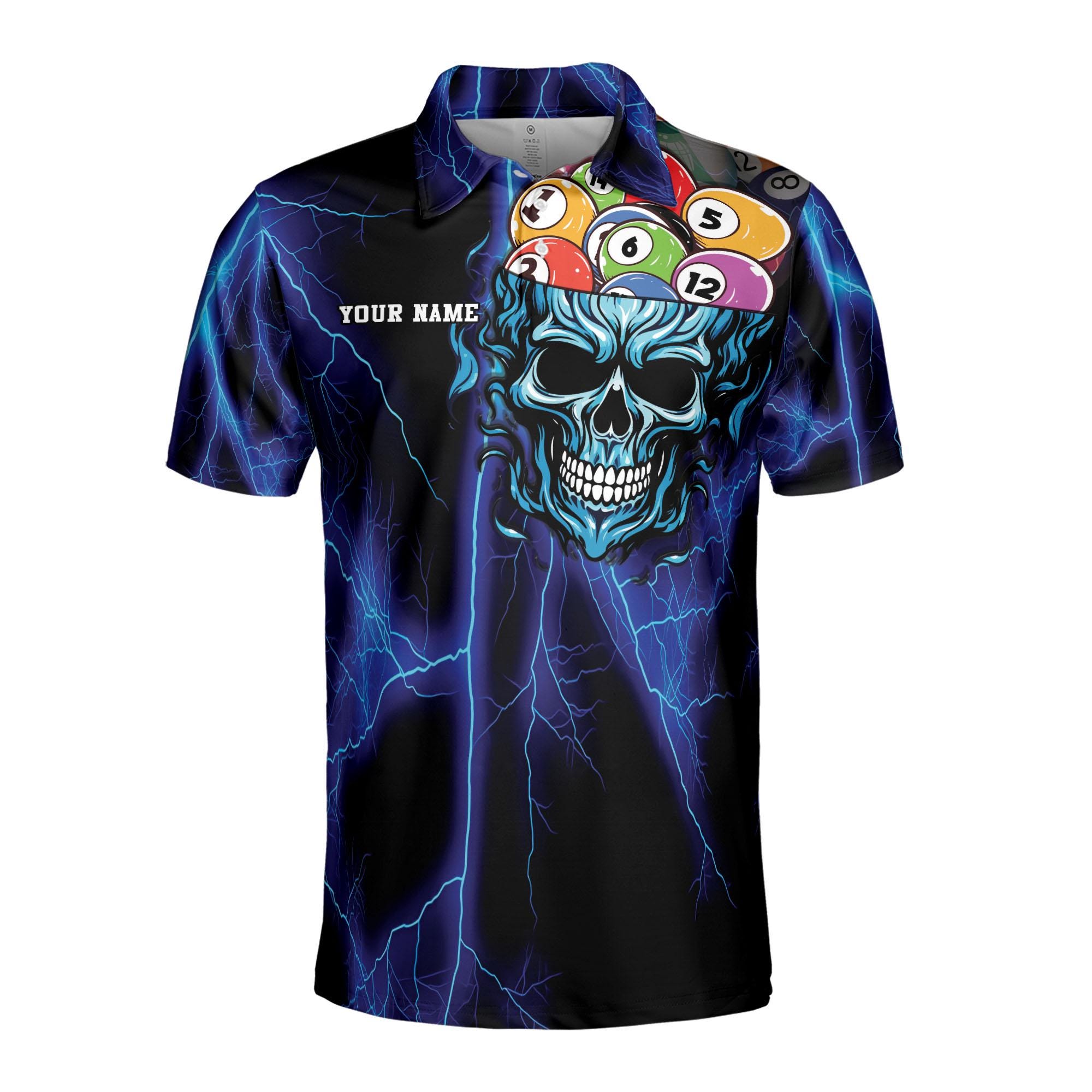 Alternative view of Personalized Blue Lightning Skull Love Billiard Men's Polo Shirt