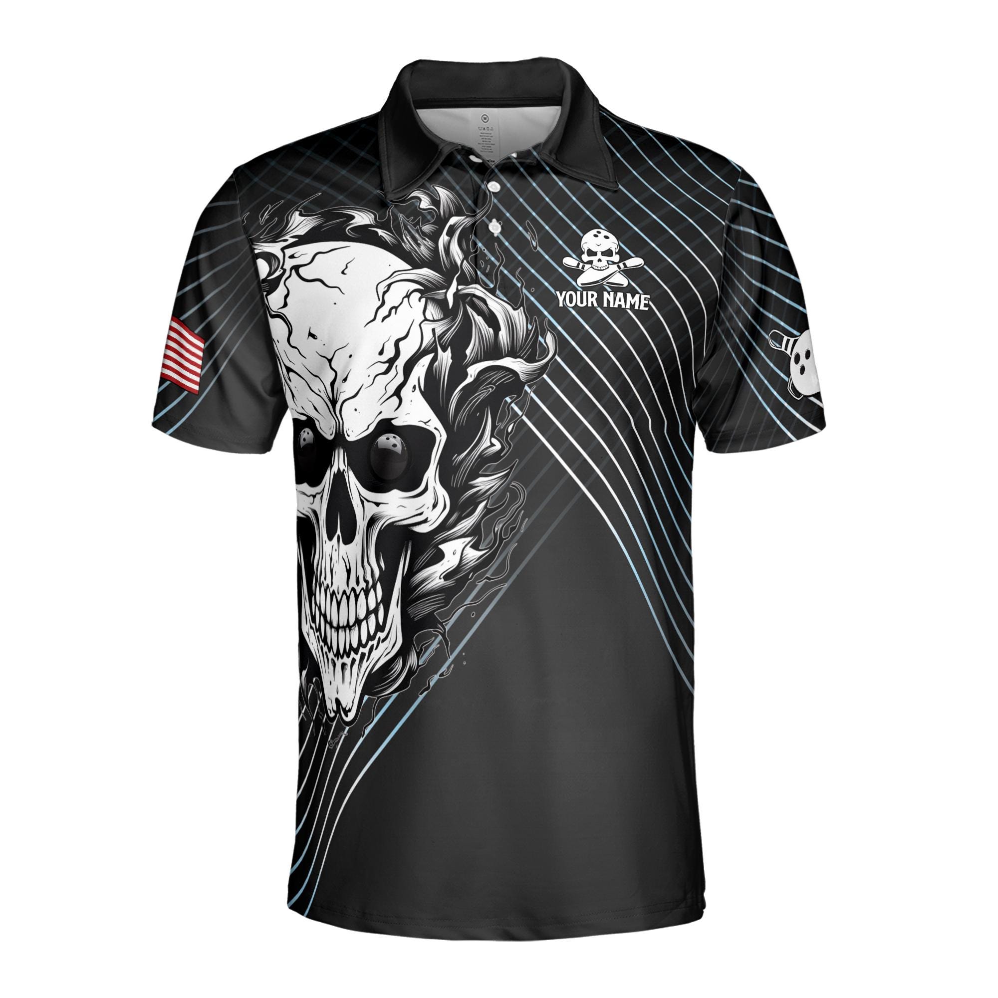 Alternative view of Personalized Bowling Skull Design American Flag Men's Polo Shirt