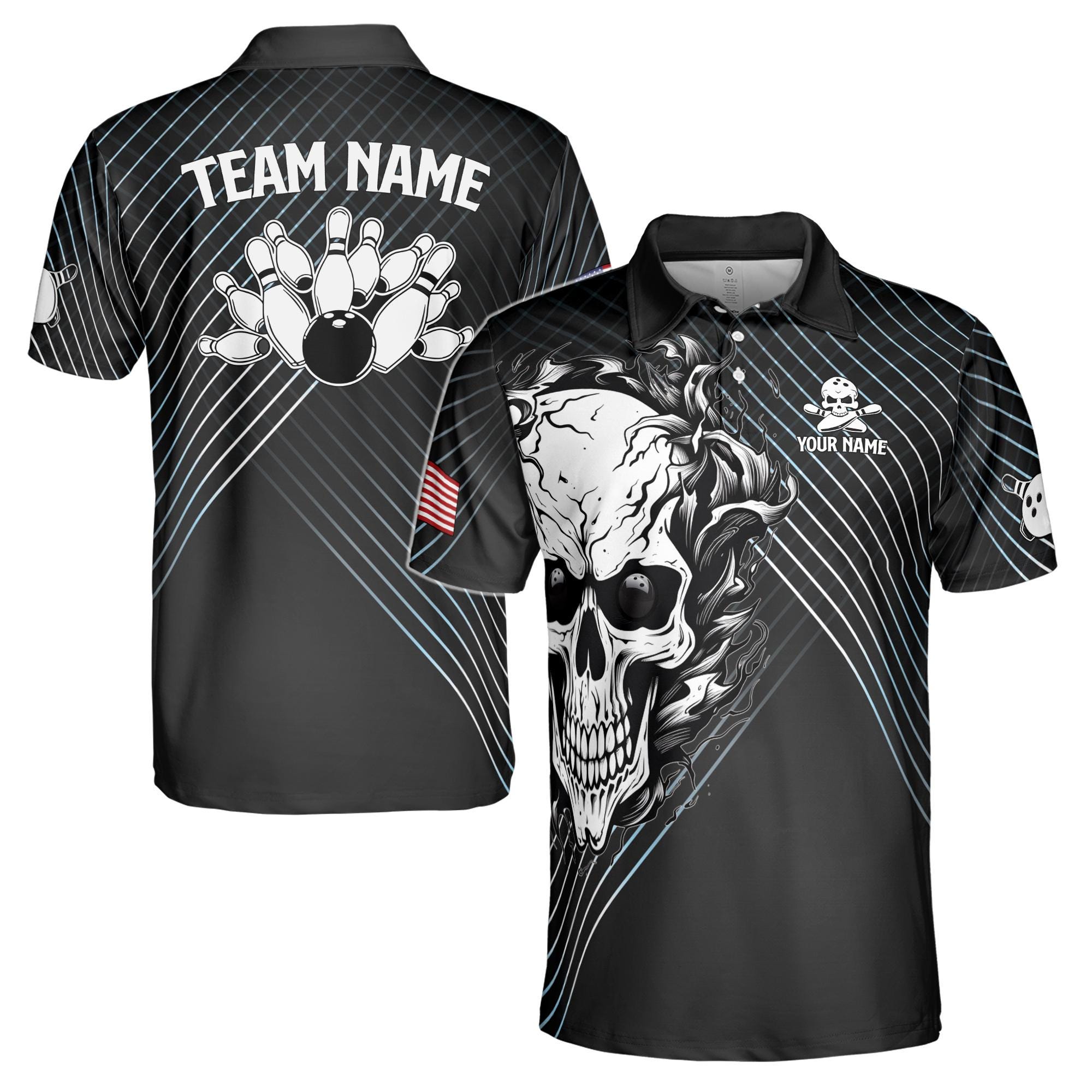 Personalized Bowling Skull Design American Flag Men's Polo Shirt