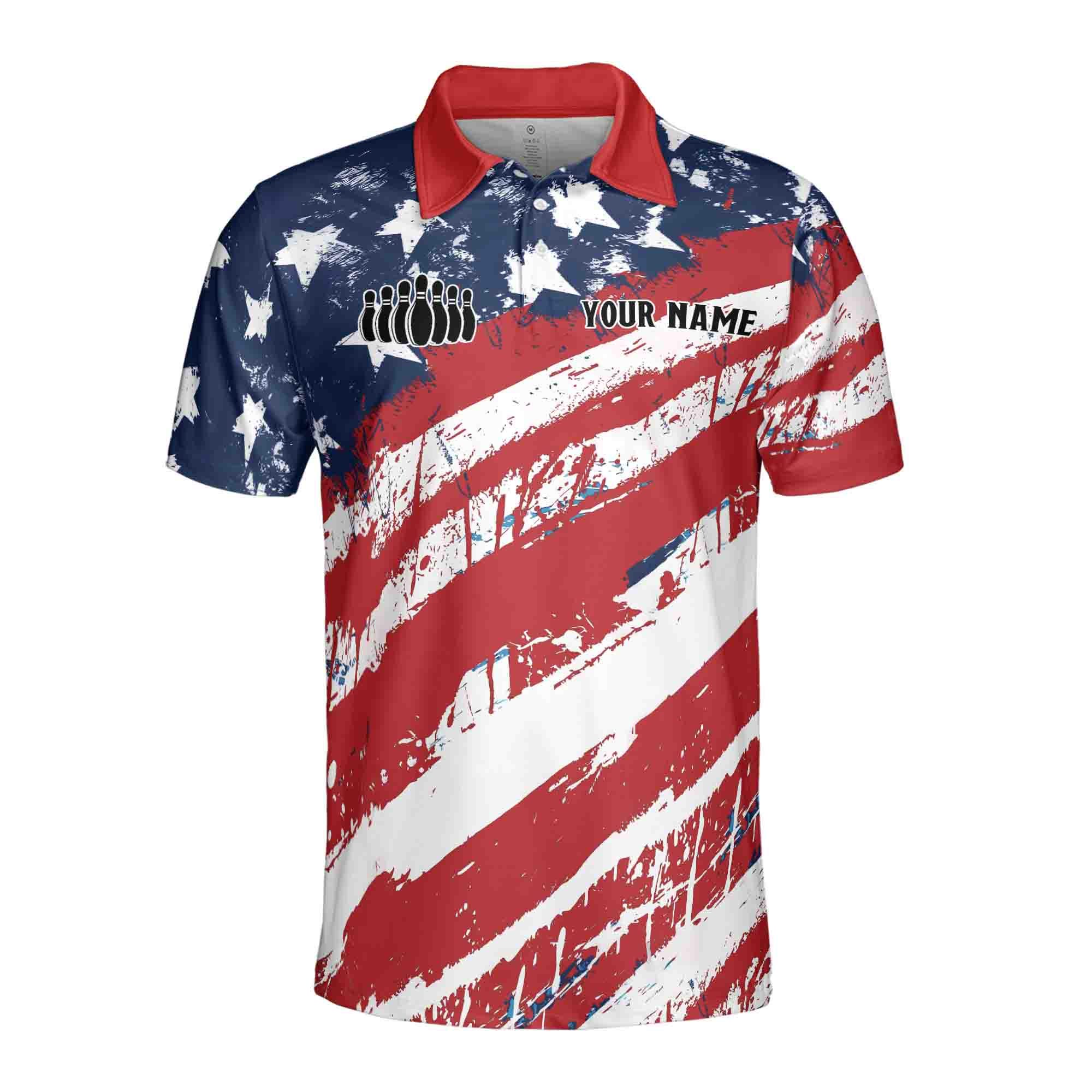 Alternative view of Personalized Bowling Sport Patriotic American Flag Men's Polo Shirt