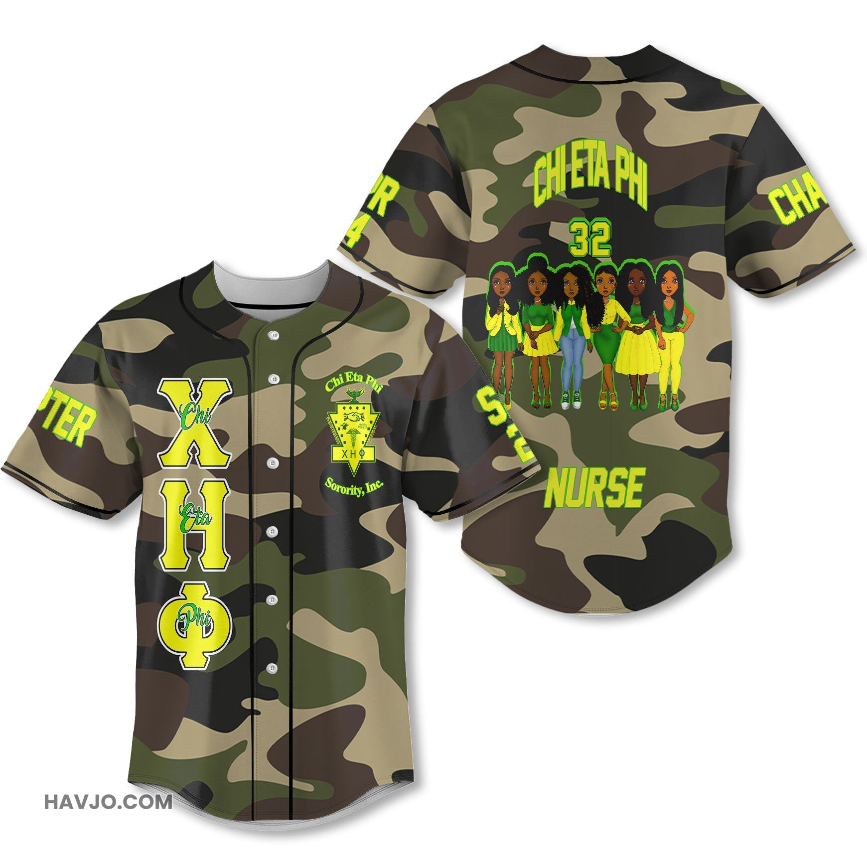 Personalized Chi Eta Phi Camouflage CEP Sisters Style Baseball Jersey