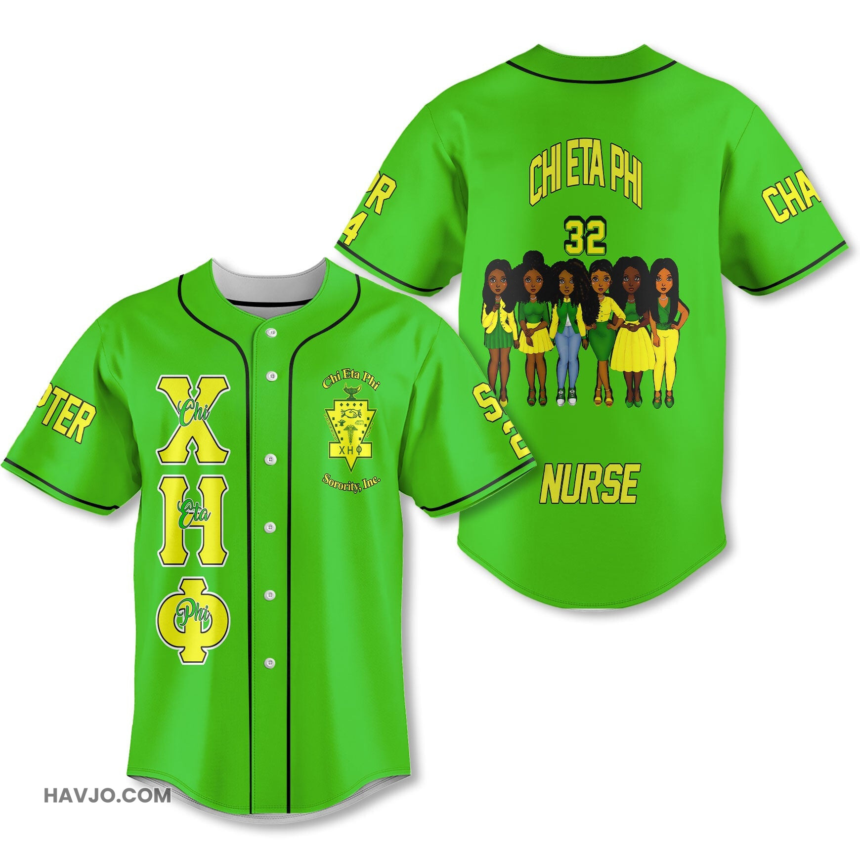 Personalized Chi Eta Phi Green CEP Sisters Style Baseball Jersey