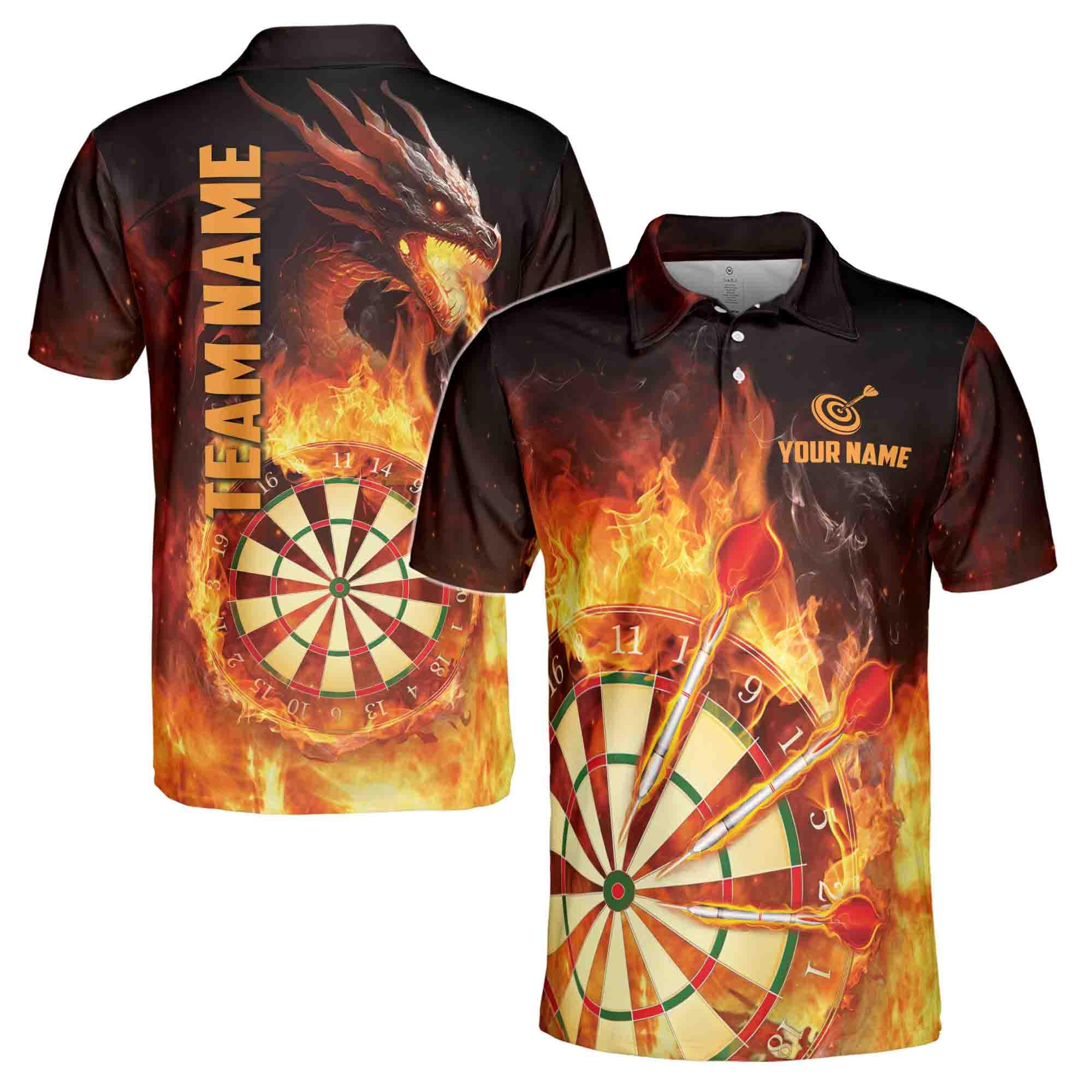 Personalized Darts Team Men's Polo Shirt, Dragon Flame Design